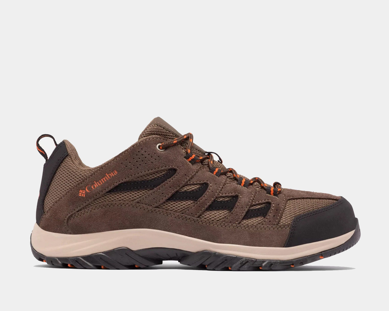 Columbia Crestwood Low hiking shoes in brown with suede and mesh upper, orange accents, and textured outsole, side view.