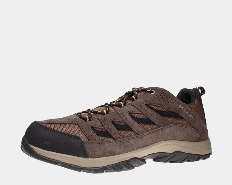 Columbia Crestwood Low hiking shoes in brown with suede and mesh upper, durable rubber outsole, and black toe cap, side view.