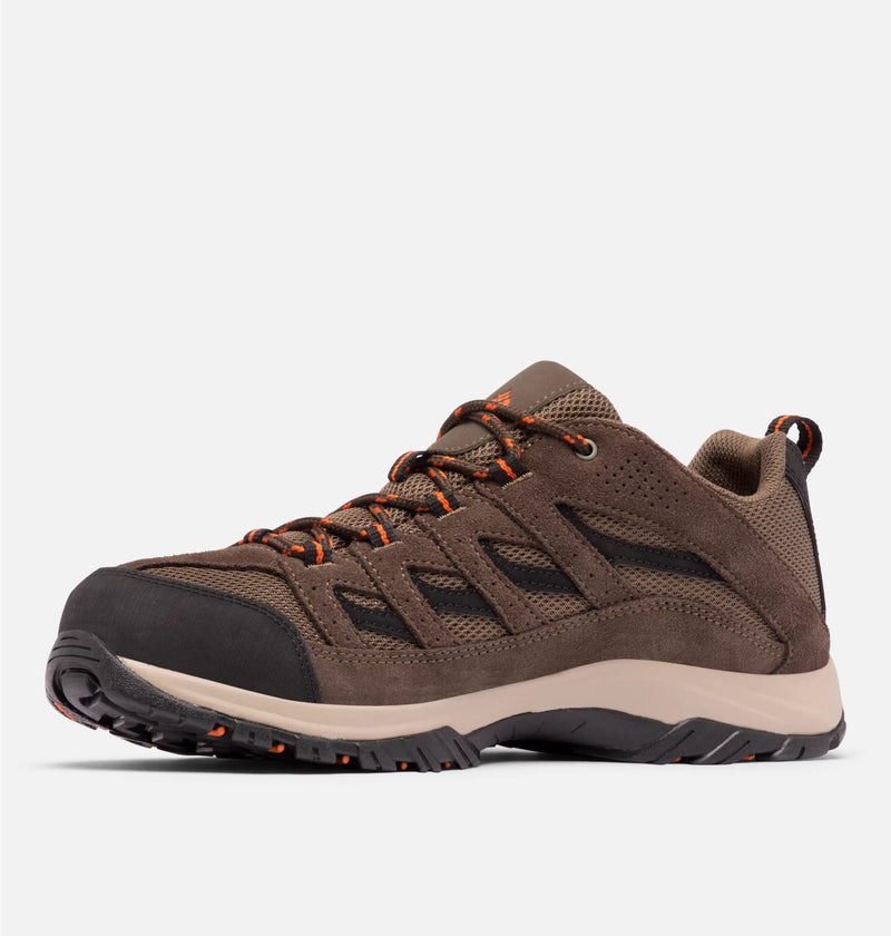Columbia Crestwood Low hiking shoes in brown with suede and mesh upper, orange accents, and durable rubber outsole, side profile view.
