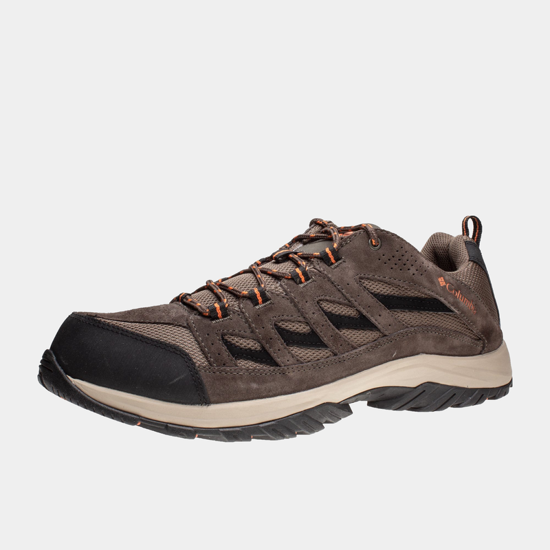 Columbia Crestwood Low hiking shoes in brown with mesh upper, suede overlays, and rugged outsole, side angled view.
