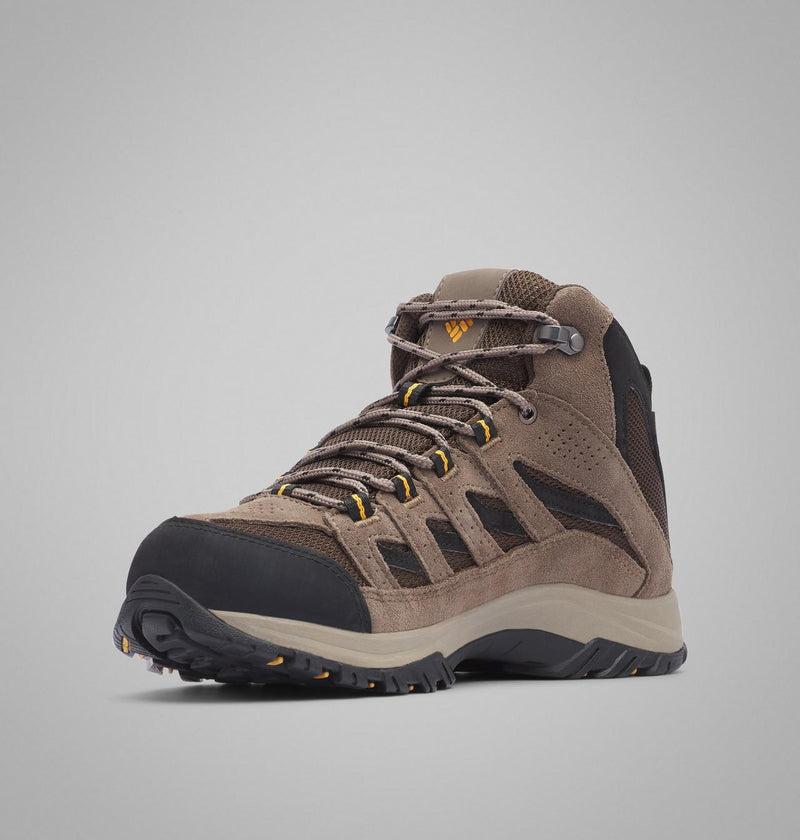 Columbia Crestwood Mid Waterproof hiking boots, brown suede and mesh upper with black toe cap and yellow accents, front angled view