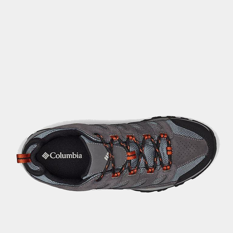 Columbia Crestwood Waterproof hiking shoe top view in gray with black accents, orange laces, and mesh upper.