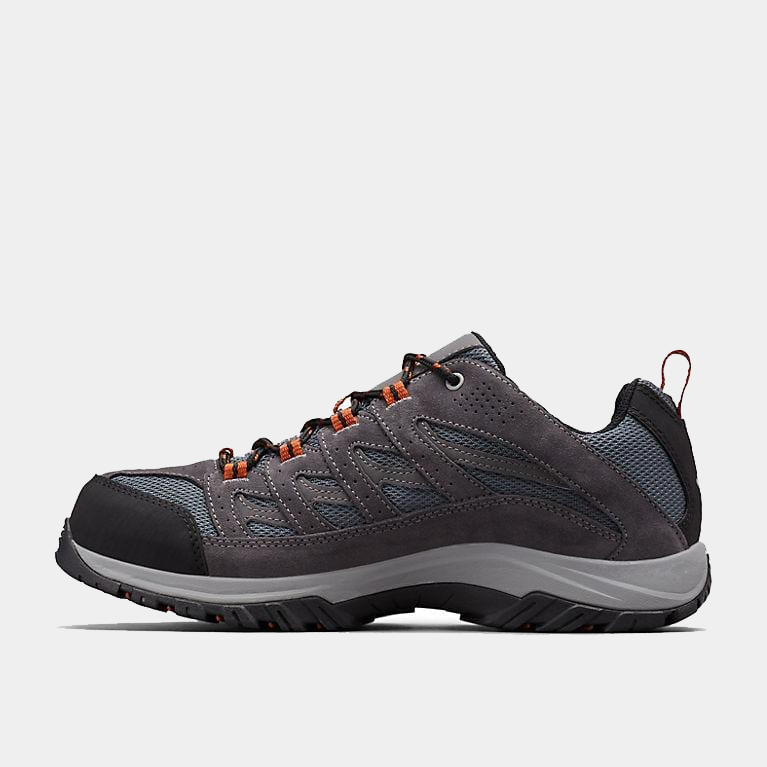 Columbia Crestwood Waterproof hiking shoes in gray with breathable mesh panels, suede overlays, and orange accents, side view.