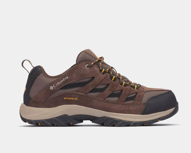 Columbia Crestwood Waterproof hiking shoes in brown suede and mesh with black toe cap and yellow accents, side view.