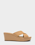 Comfortable Women's Wedge Sandal in Beige Bisque Faux Patent Side View