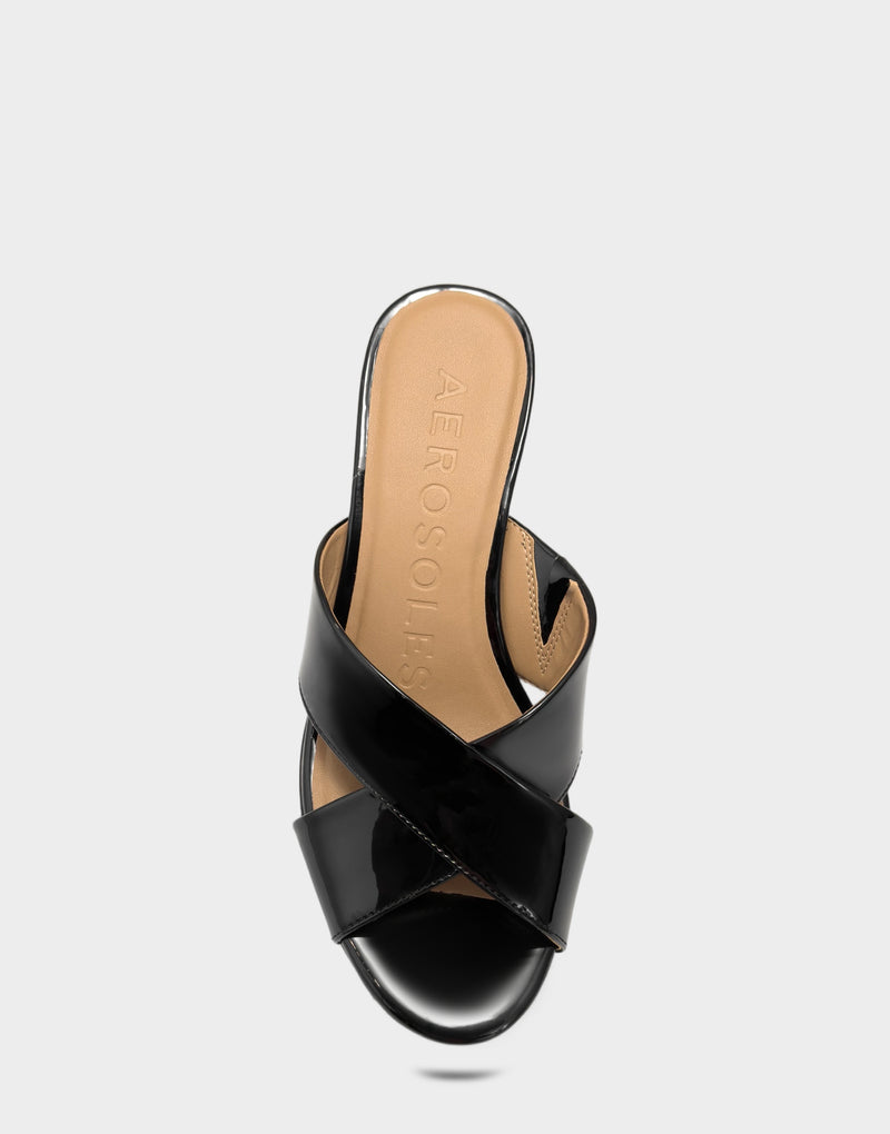 Comfortable Women's Wedge Sandal in Black Faux Patent  Full Front View