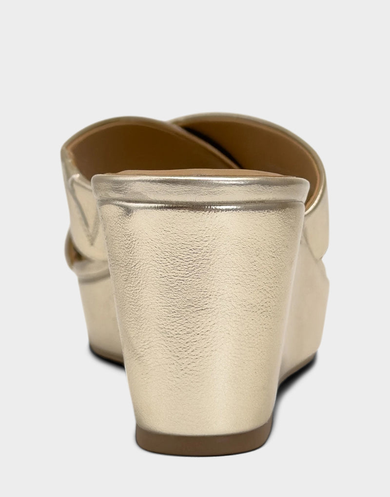 Comfortable Women's Wedge Sandal in Soft Gold Faux Metallic Leather Back View