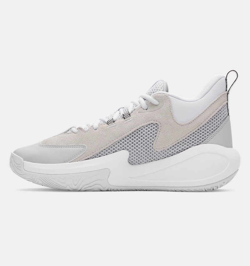 Under Armour Curry 3Z 25 SDE Basketball Shoes in gray and white with mesh panels and suede overlays, side view.