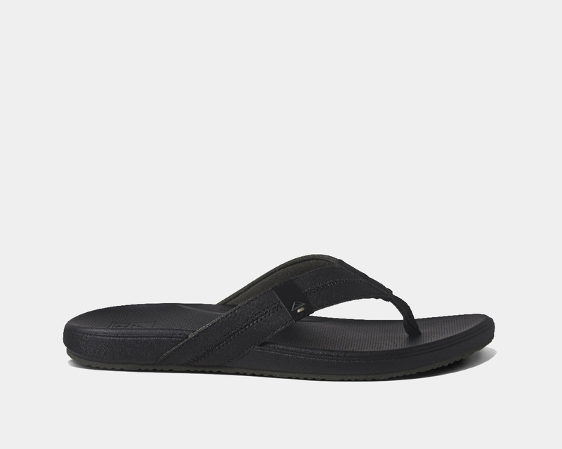 Reef Cushion Phantom 2.0 sandals in black with soft straps and cushioned footbed for enhanced comfort, side view.