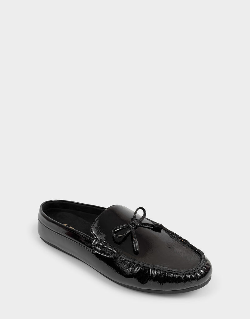 Comfortable Women's Loafer Mule In Black Patent Faux Leather Side Angle View