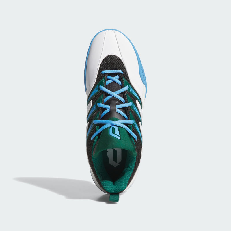 Adidas Dame Certified 3 basketball shoes, top view showing white and black upper with teal tongue and blue laces.