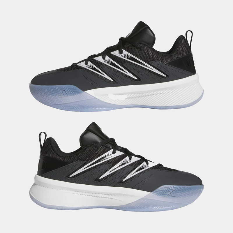 Adidas Dame Certified 3 basketball shoes in black with white accents, mesh upper, and translucent outsole, side view.