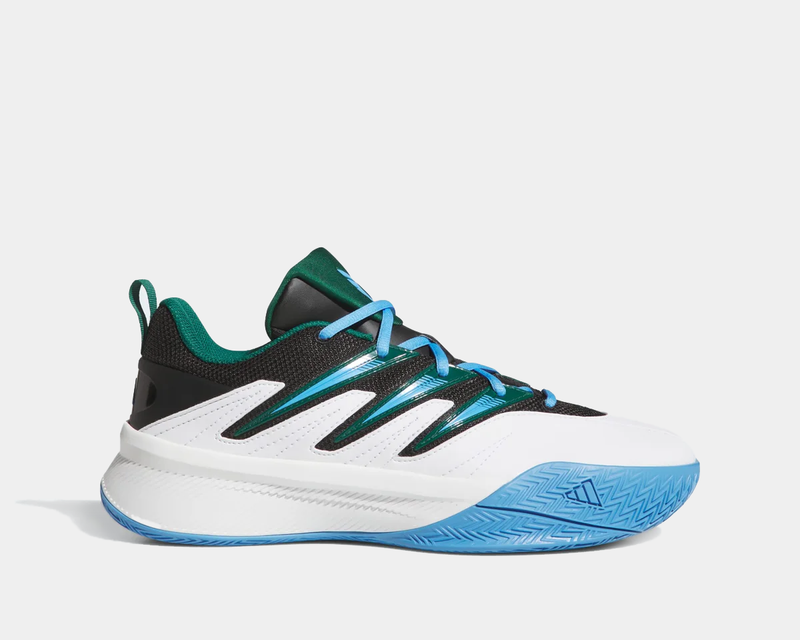 Adidas Dame Certified 3 basketball shoes in white, black, and teal with blue outsole and zigzag tread pattern, side view.