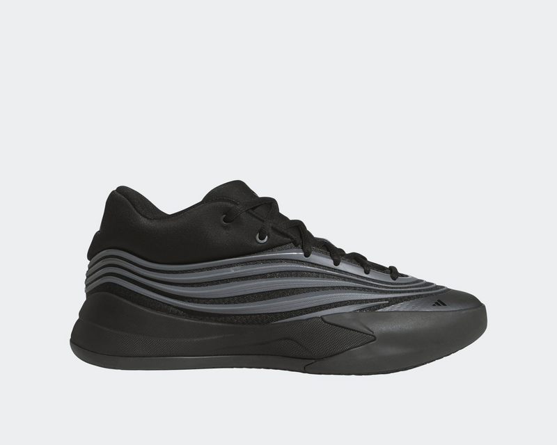 Adidas Dame X basketball shoes in black and gray with textured side stripes, side view.