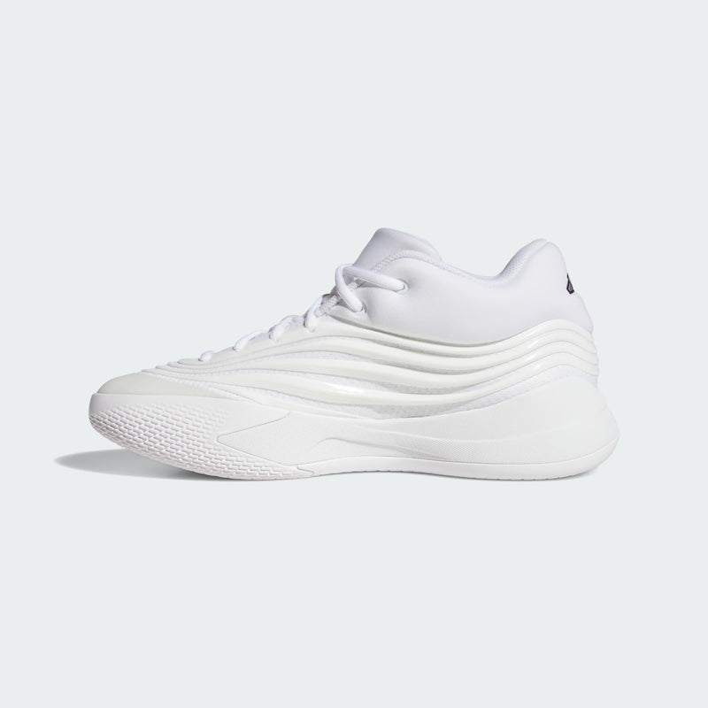 Adidas Dame X basketball shoes in all-white with textured midsole and wave pattern, side view.