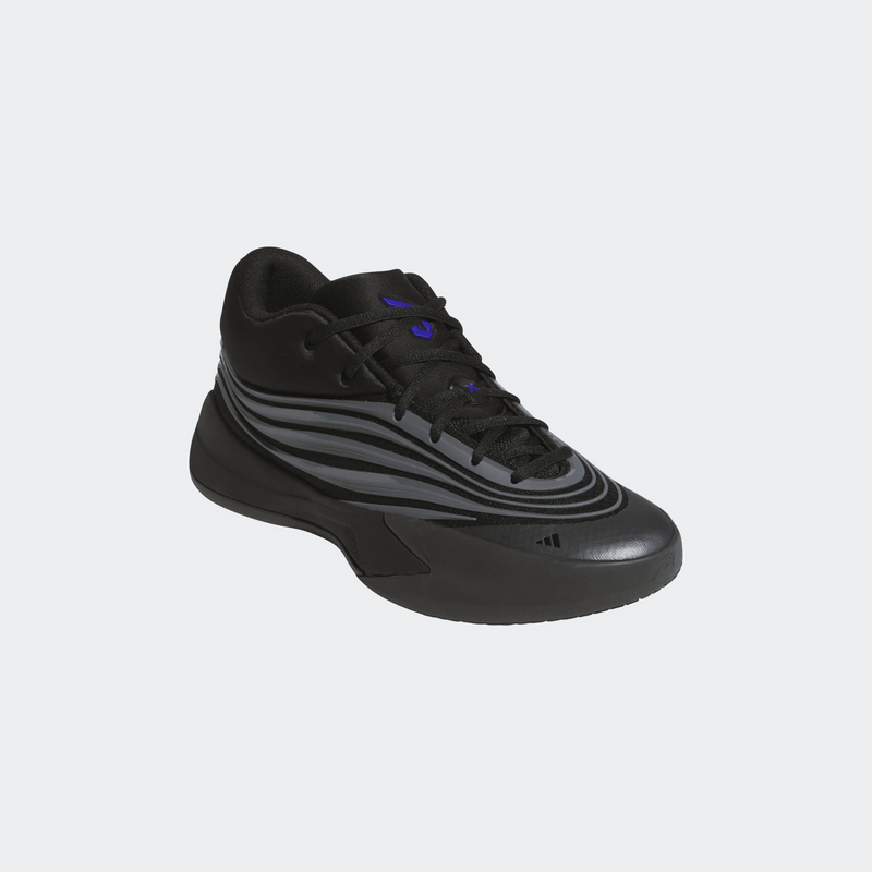 Adidas Dame X basketball shoes in black with gray and blue accents, side angle view.