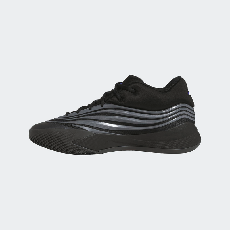 Adidas Dame X basketball shoes in black with gray wave pattern, side view.