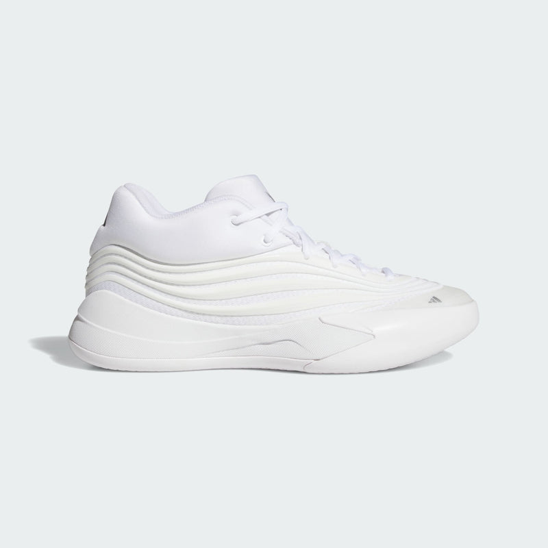 Adidas Dame X basketball shoes in all-white with textured midsole, side view.