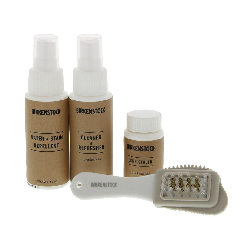 Birkenstock Deluxe Shoe Care Kit with water and stain repellent, cleaner and refresher, cork sealer, and brush tool, front view