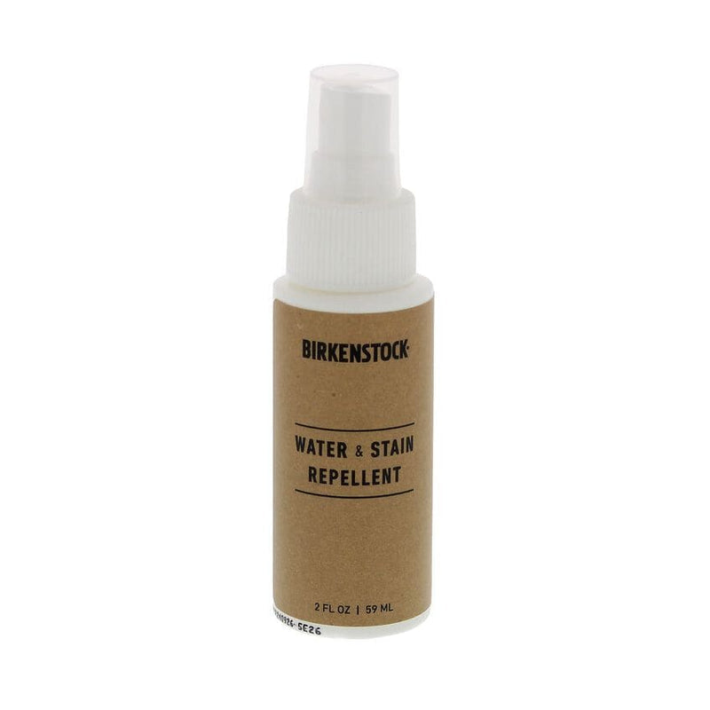 Birkenstock Deluxe Shoe Care Kit spray bottle for water and stain repellent, compact design with brown label and white cap, front view.