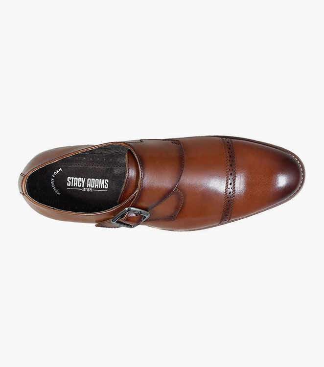 Stacy Adams Desmond Cap Toe Monk Strap shoe in brown leather with perforated detailing, top view showing buckle and insole branding.