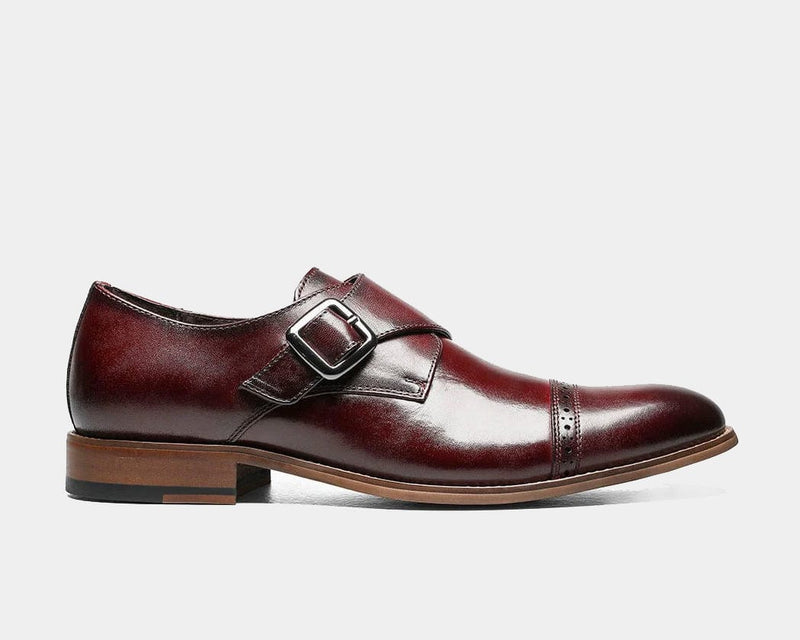 Stacy Adams Desmond Cap Toe Monk Strap dress shoe in burgundy leather with buckle closure and perforated cap toe details, side view.