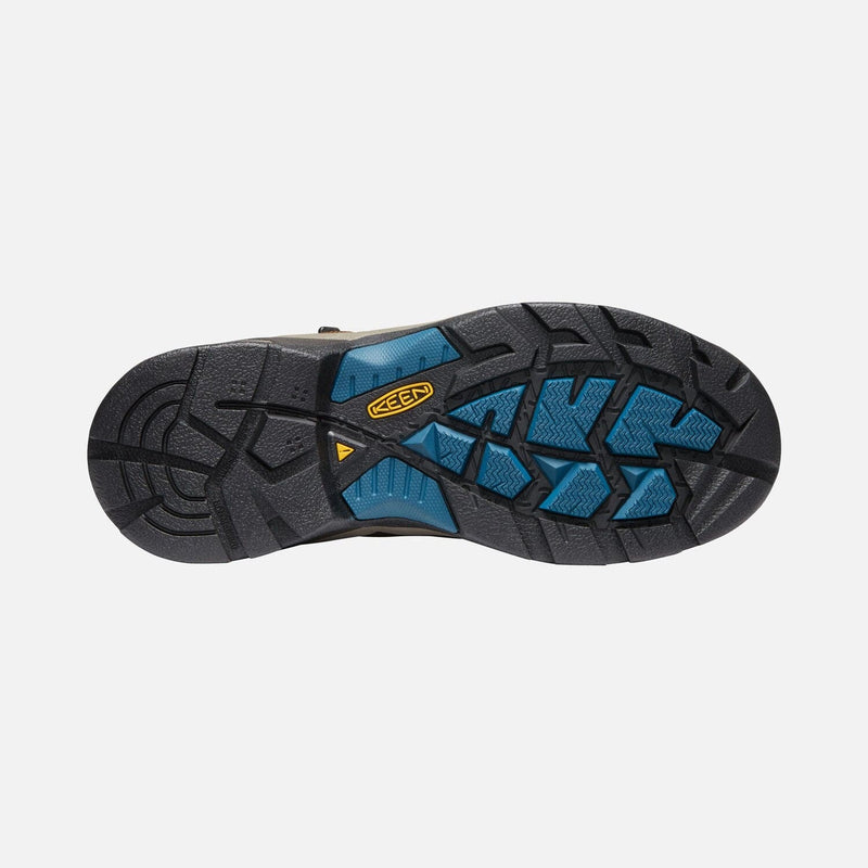 Keen Detroit XT Steel Toe Mid Waterproof Boots sole view showing textured tread pattern in black and blue rubber with yellow logo.