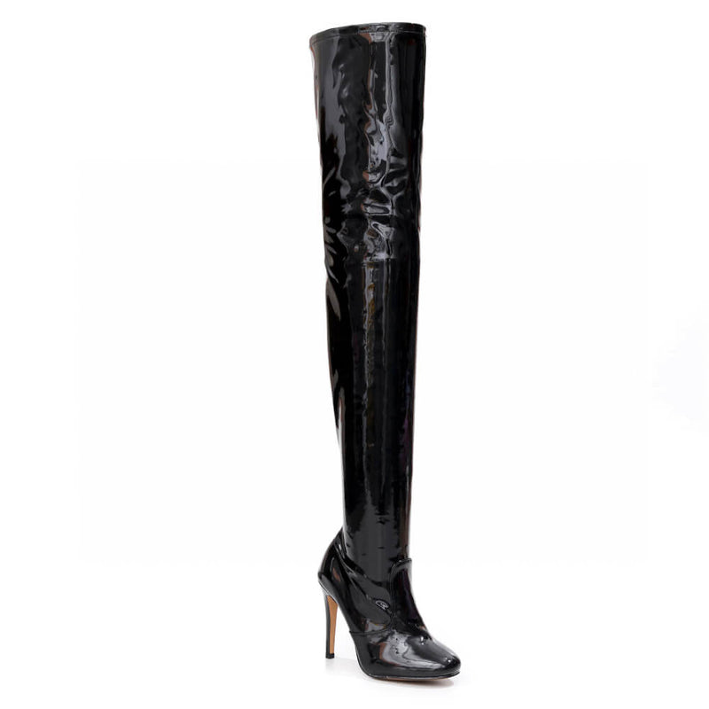 Devilla Size Inclusive - Black Vegan Patent - Street Sole - Thigh Variant One