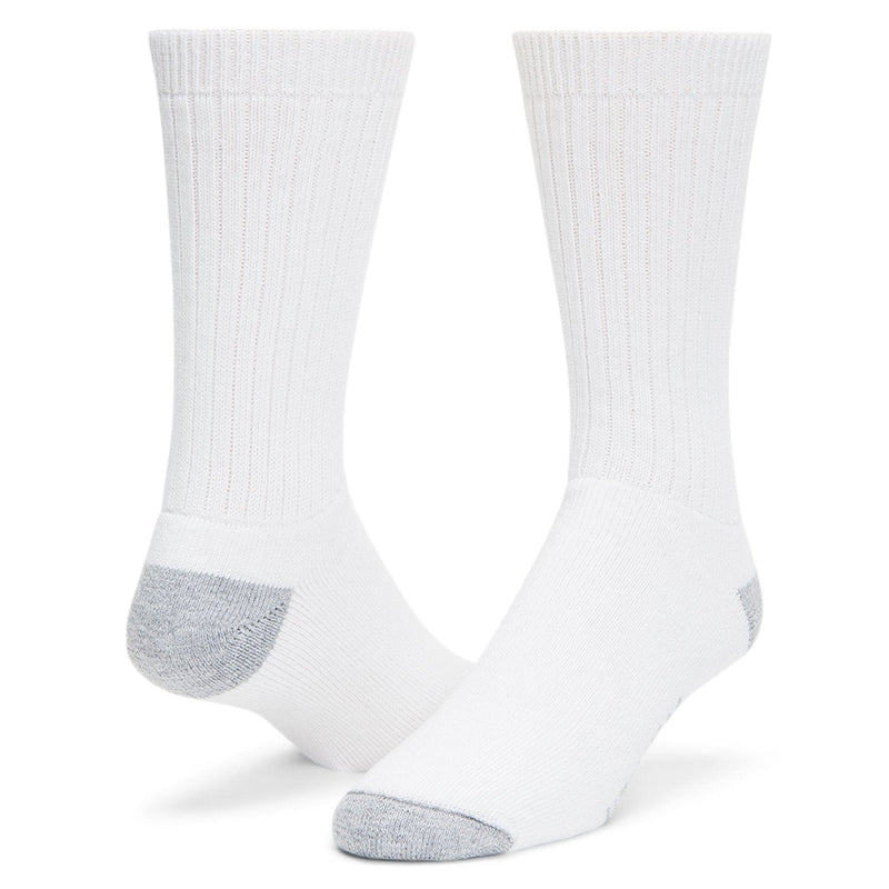 Wigwam Diabetic Sport Crew socks in white with gray cushioned heel and toe, ribbed leg design, front view.