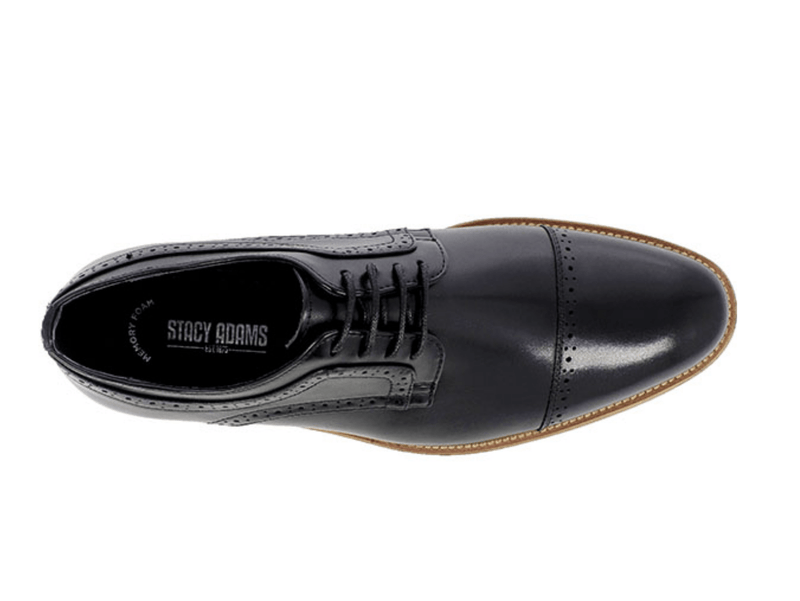Stacy Adams Dickinson Cap Toe dress shoe in black leather with perforated detailing and memory foam insole, top view.