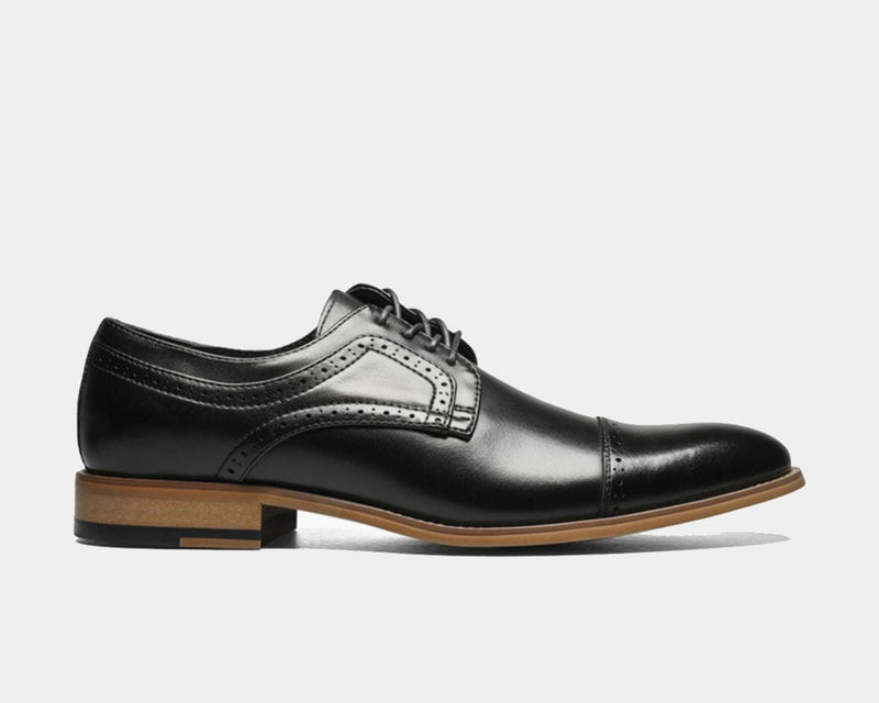 Stacy Adams Dickinson Cap Toe dress shoe in black leather with brogue detailing and wooden sole, side view.