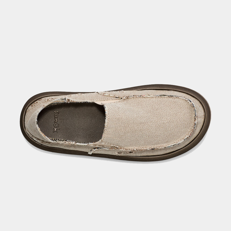 Sanuk Donny Hemp 2 Tone slip-on shoes in beige and brown with frayed edges and canvas upper, top view.