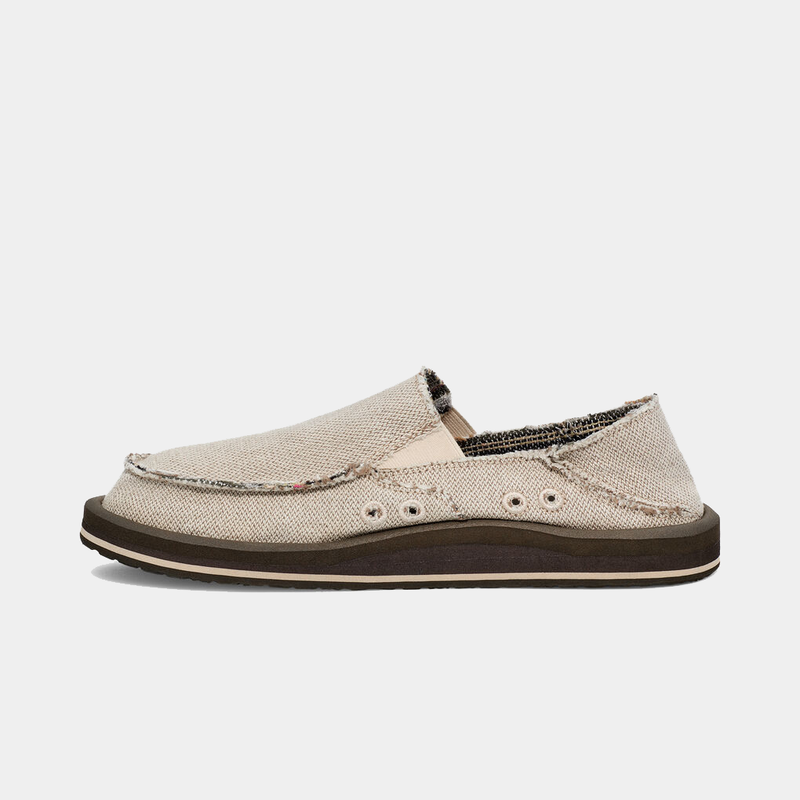 Sanuk Donny Hemp 2 Tone slip-on shoes in beige with a textured hemp upper, brown outsole, and side grommet detailing, side view.