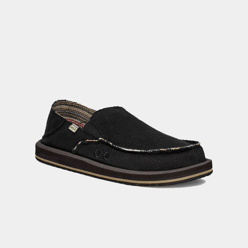 Sanuk Donny Hemp 2 Tone slip-on shoes in black with hemp fabric upper, dual grommet detail, and contrasting stitching, side angle view.