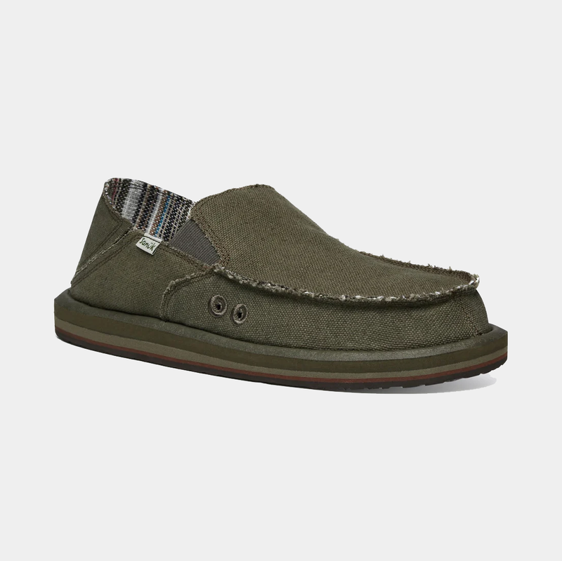 Sanuk Donny Hemp casual shoes in olive green hemp fabric with frayed edges and slip-on design, side view.