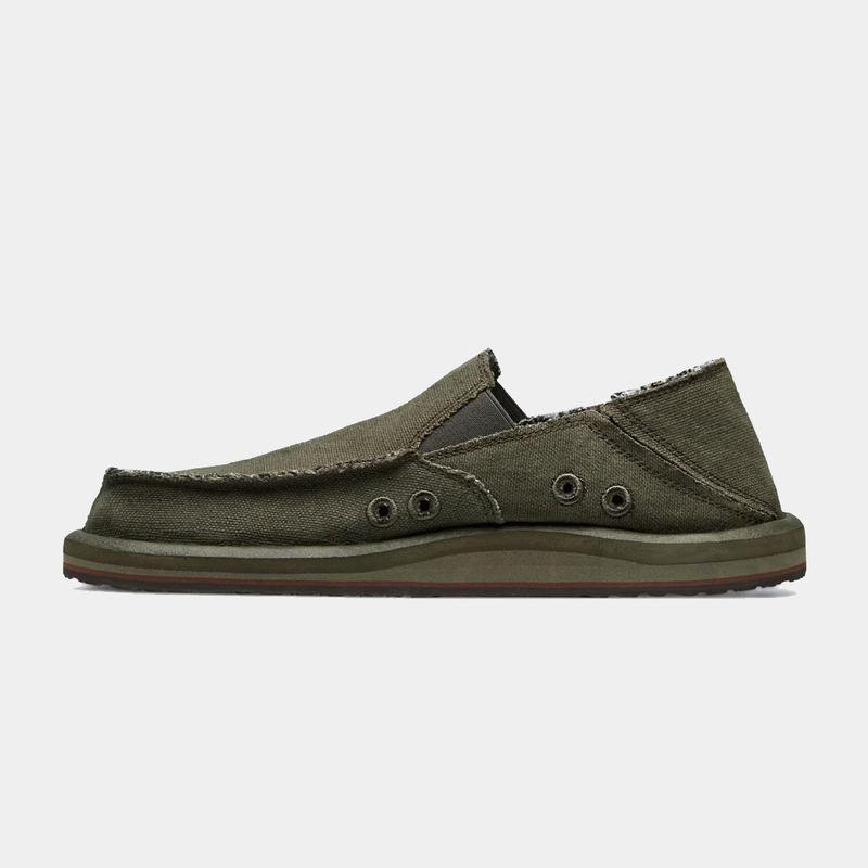 Sanuk Donny Hemp slip-on shoes in olive green canvas with frayed edges and rubber sole, side view.
