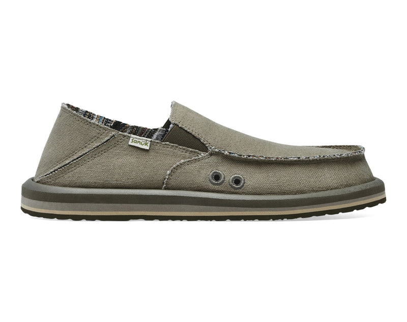 Sanuk Donny Hemp casual shoes in olive green hemp fabric with dual grommets and cushioned sole, side view.