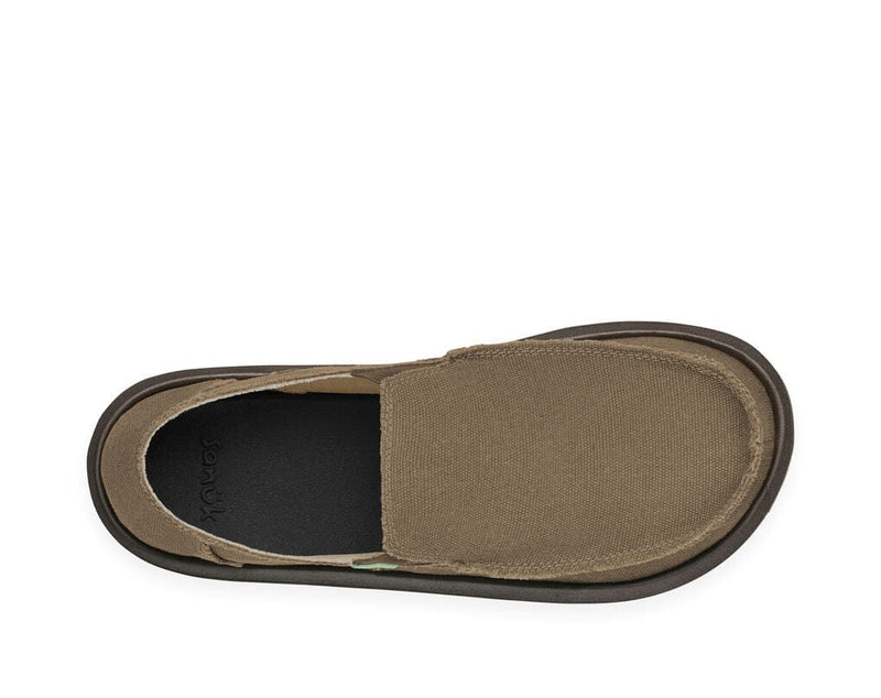Sanuk Vagabond slip-on shoes with frayed canvas upper in brown, top view showing cushioned footbed and relaxed design.
