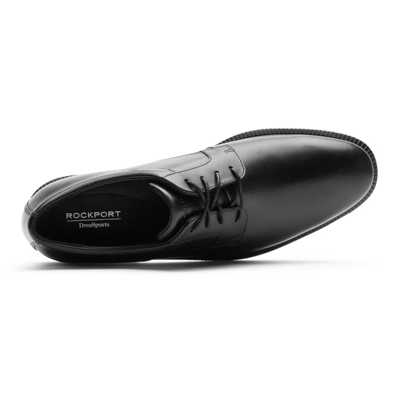 Rockport Dressports Premium Waterproof Oxford dress shoe in black leather with lace-up design and padded insole, top view.