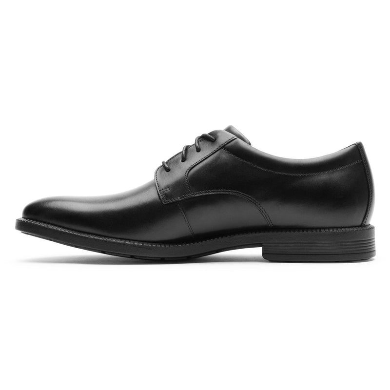 Rockport Dressports Premium Waterproof Oxford shoes in black leather with smooth finish and lace-up closure, side view.