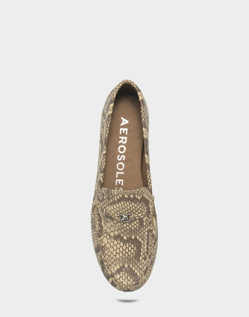 Comfortable Women's Casual Loafer in Yellow Faux Snake Print Full Front View