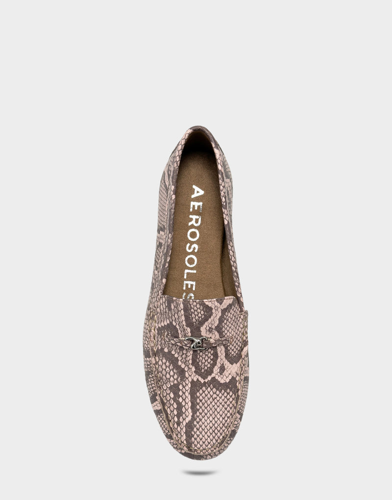 Comfortable Women's Casual Loafer in Pink Faux Snake Print Full Front View