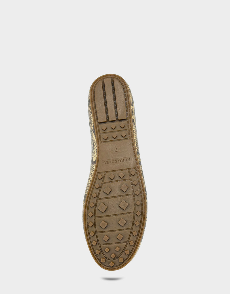 Comfortable Women's Casual Loafer in Yellow Faux Snake Print Bottom View