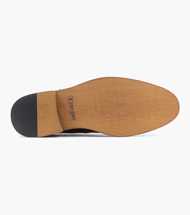 Stacy Adams Dunbar Wingtip Oxford shoes sole view showing light tan woodgrain outsole with Stacy Adams branding.