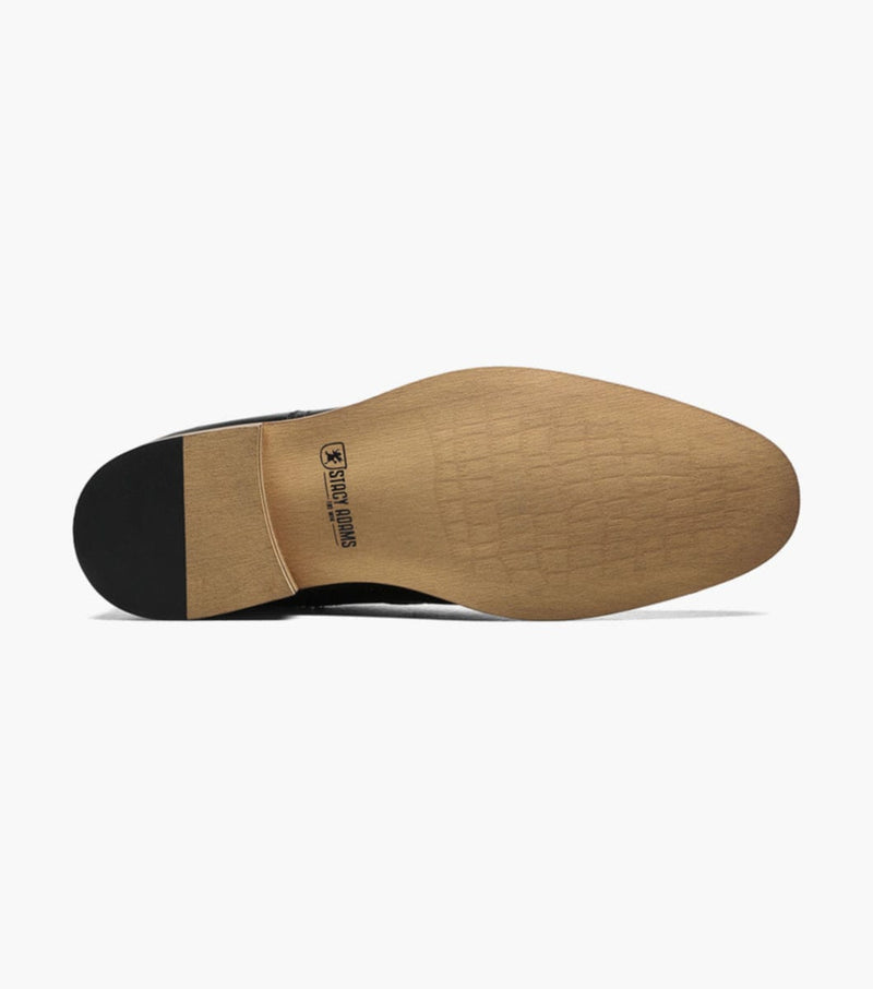 Stacy Adams Dunbar Wingtip Oxford outsole showing tan wood finish with black heel and Stacy Adams branding.