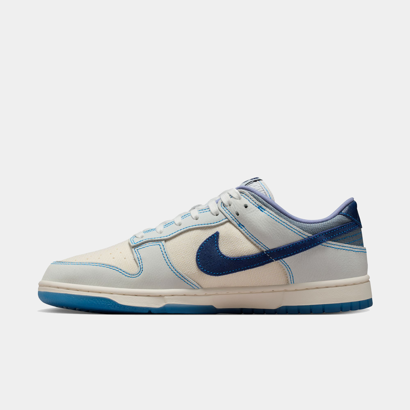 Nike Dunk Low Retro SE sneakers in white and blue with stitched detailing and textured Swoosh logo, side view.