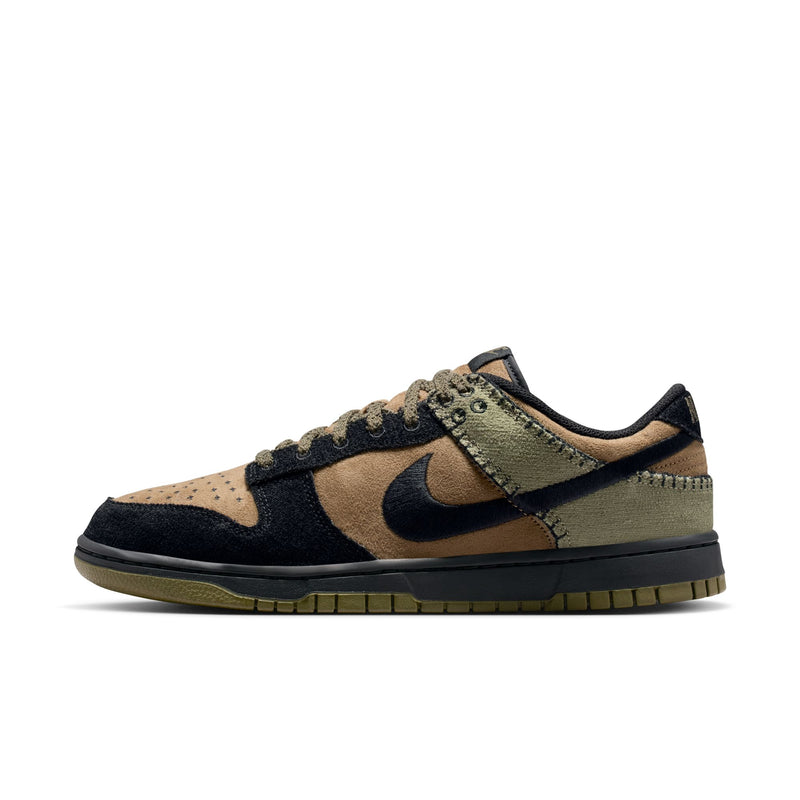 Nike Dunk Low Retro casual sneakers in black, brown, and olive tones with suede and canvas upper, side view.