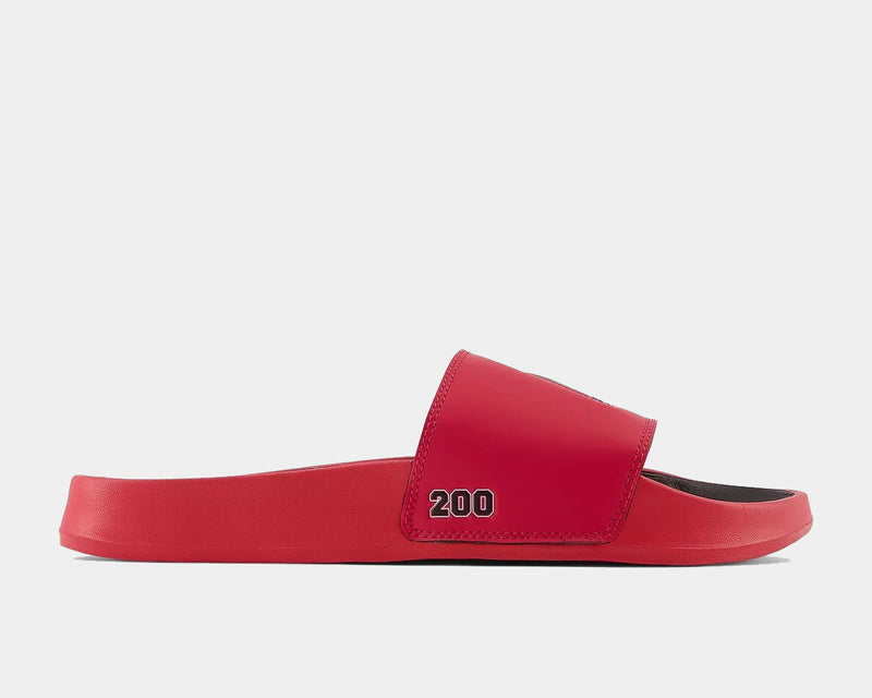 New Balance DynaSoft 200v2 VRSTY slide sandals in red with bold "200" detail on strap, side view.