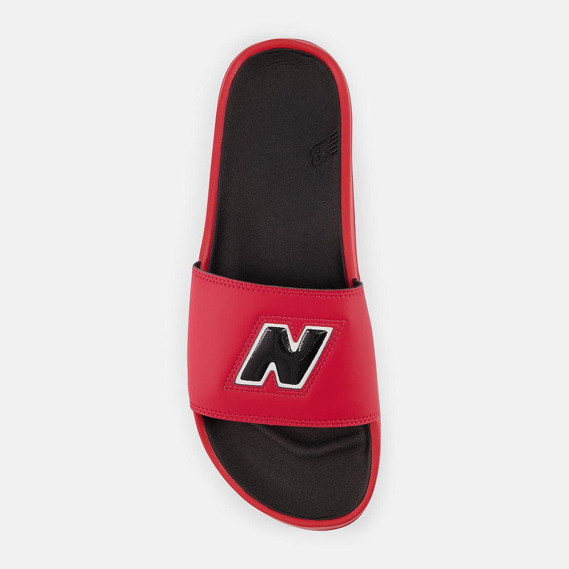 New Balance DynaSoft 200v2 VRSTY slides, red with black footbed and large black "N" logo on the strap, top view.