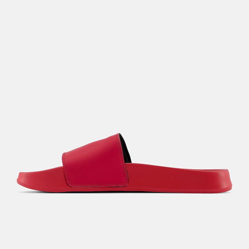 New Balance DynaSoft 200v2 VRSTY slide sandals in bright red with cushioned footbed and wide strap, side view.